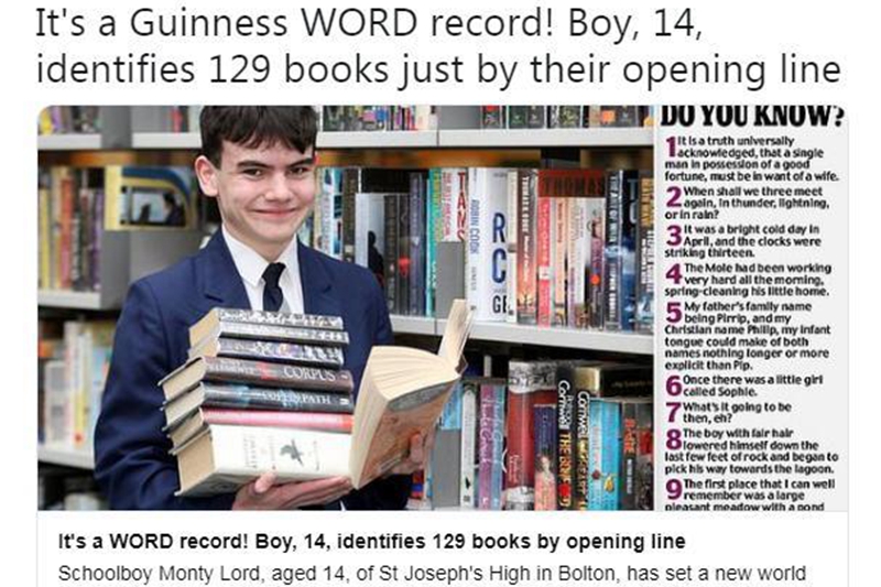 破吉尼斯世界紀錄！14歲少年憑書本第一句話認出129本名著