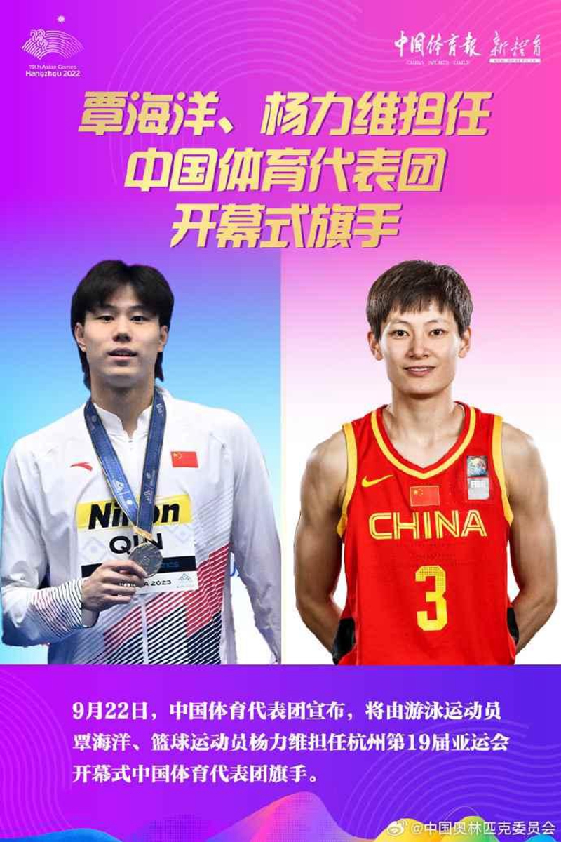 覃海洋、楊力維將擔任杭州亞運會開幕式中國體育代表團旗手